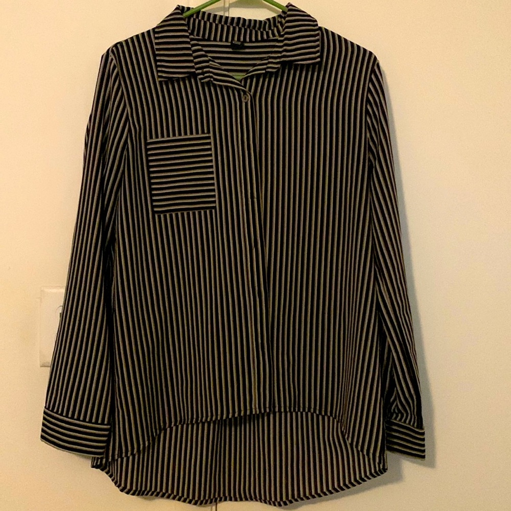 Black, tan and white collared button down chiffon blouse